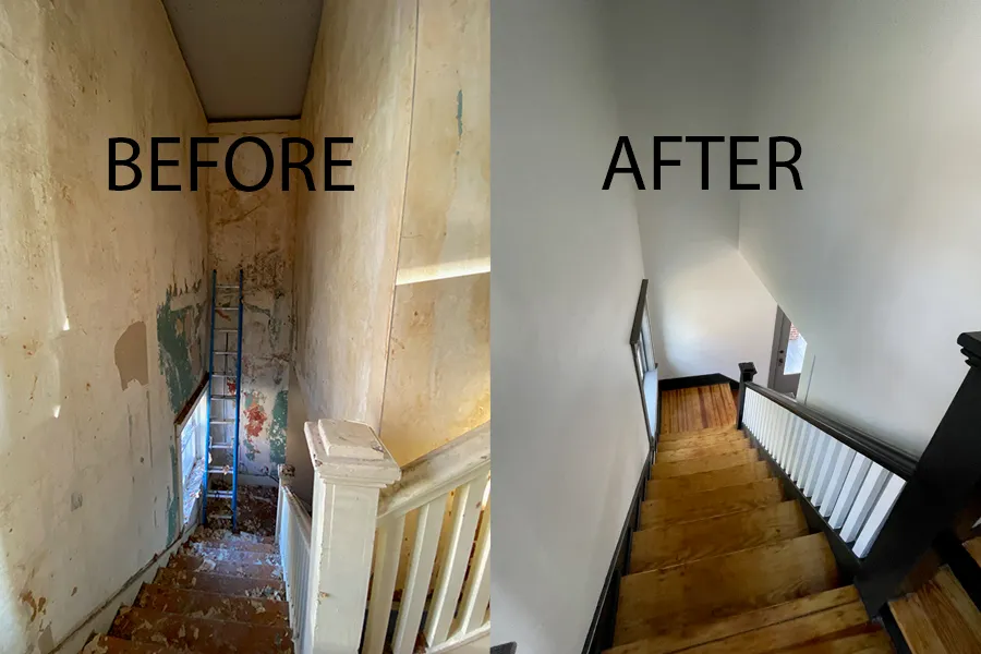 Stairwell to upstairs apartment — before and after